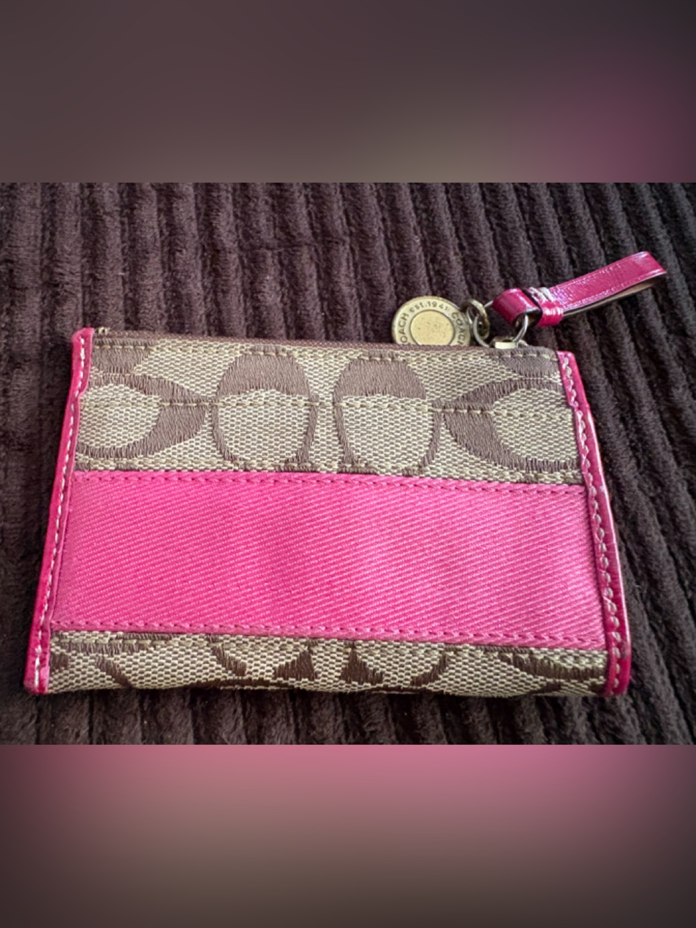 Coach Brown Signature Canvas Card Coin Purse Holder Pink Leather Accent